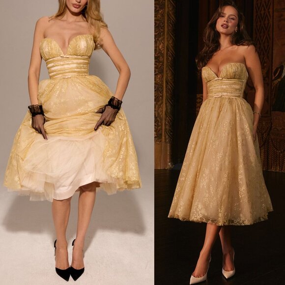 House of CB Madame Gold‎ Metallic Lace Strapless Tulle Midi Gown Size M NWT - Picture 1 of 14